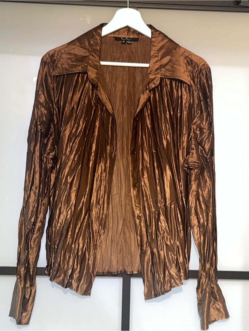ECI New York Y2K 100% Silk Metallic Chocolate Crinkle Blouse Bell Sleeve Size
